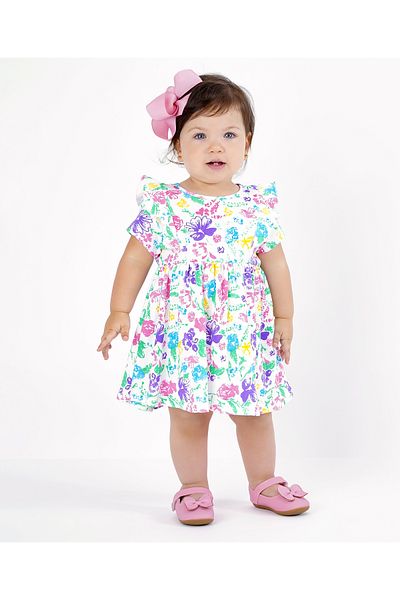 Bonfino Bonfino 100% Cotton Interlock Half Sleeves Floral Print Frock - OffWhite