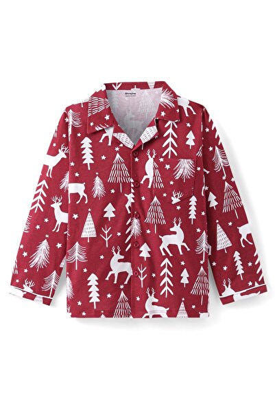 Honeyhap Honeyhap Premium 100% Cotton Knit Full Sleeves Night Suit With Winter Forest Theme Print - Dark Red
