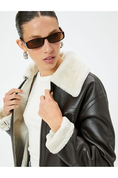 Koton Faux Fur Collar Biker Jacket with Zipper Inside Plush