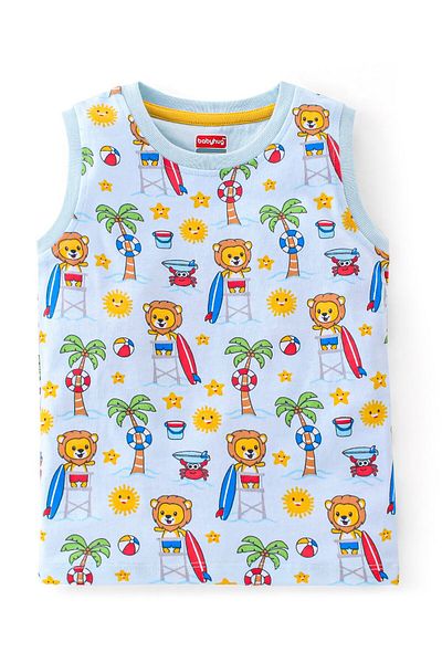 Babyhug Babyhug 100% Cotton Knit Single Jersey Sleeveless T-Shirt & Shorts Beach Theme Print-Blue & Yellow