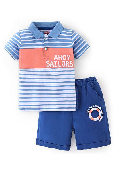 Babyhug Babyhug 100% Cotton Knit Half Sleeves T-Shirt and Shorts Set Stripes & Text Print - Pink & Blue