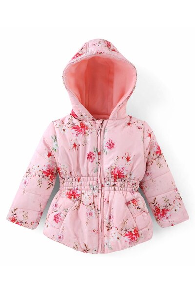 Babyhug Babyhug Woven Full Sleeves Floral Printed Hooded Jacket - Pink