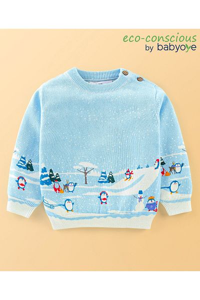 Babyoye Babyoye 100% Cotton Solid Dyed Full Sleeves Penguin Print Pullover - Blue