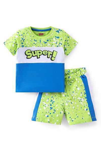 Babyhug Babyhug Cotton Knit Half Sleeves T-Shirt & Shorts Set Text Print - Green & Blue
