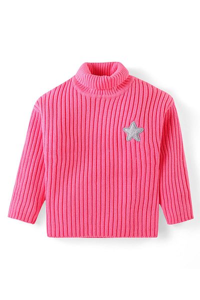 Babyhug Babyhug Knit Full Sleeves Solid Colour Turtle Neck Sweater with Star Applique - Pink