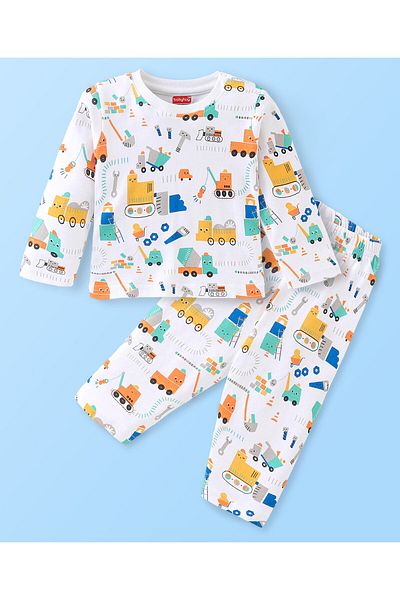 Babyhug بدلة نوم مطبوعة JCB بأكمام كاملة من القطن من Babyhug - أبيض