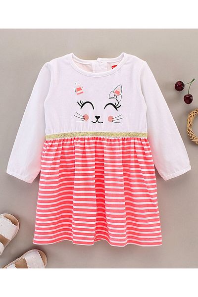Babyhug Babyhug 100% Cotton Full Sleeves Frock Kitty Print - White