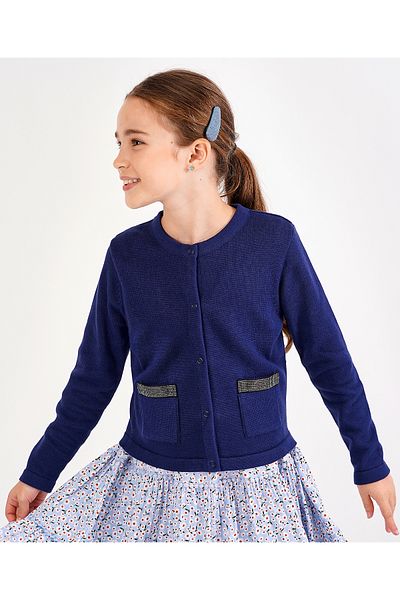 Primo Gino Primo Gino Full Sleeves Cotton Front Open Sweater with Decorative Tape - Navy