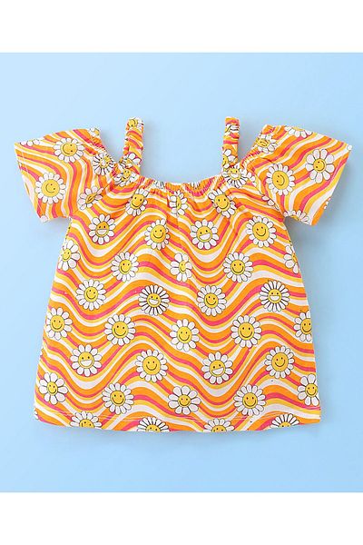 Babyhug Babyhug 100% Cotton Knit Singlet Off Shoulder Sleeves Top & Short Floral Print - Orange & White