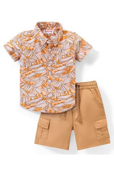 Babyhug Babyhug Cotton Woven Half Sleeves Shirt & Shorts Set  with Leaf Print - Brown