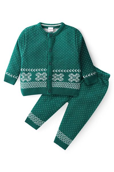 Babyhug Babyhug Knit Full Sleeves Front Open Sweater Set with Polka Dot Design - Green
