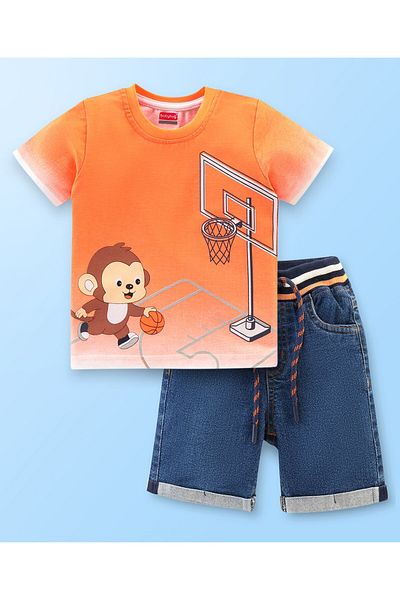 Babyhug Babyhug Cotton Half Sleeves T-Shirt & Denim Shorts Set Monkey Print- Orange & Blue