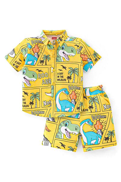 Babyhug Babyhug Cotton Knit Half Sleeves Dino Printed Shirt & Shorts Set - Yellow