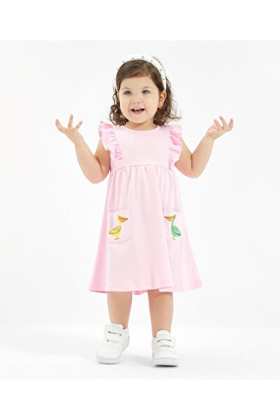 Bonfino Bonfino 100% Cotton Frill Detail Pelican Embroidered Sleeveless Dress - Ballerina Pink