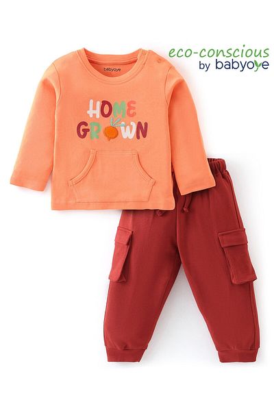 Babyoye Babyoye 100% Cotton Eco Jiva Finish Full Sleeve T-Shirt & Lounge Pant Set  & Embroidery-Orange & Red