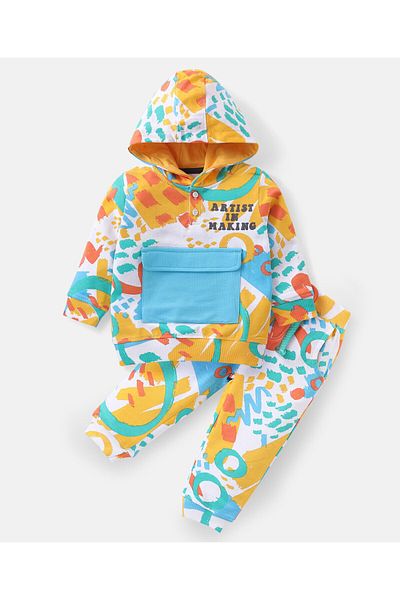 Babyhug طقم بلوزة وبنطلون بغطاء رأس وأكمام طويلة من القطن المحبوك من Babyhug - متعدد الألوان