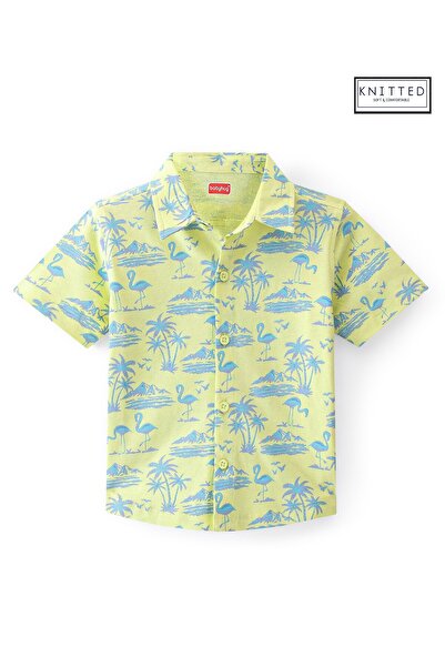 Babyhug قميص بيبي هاج من القطن المحبوك بنصف كم وطبعة طبيعية - أصفر