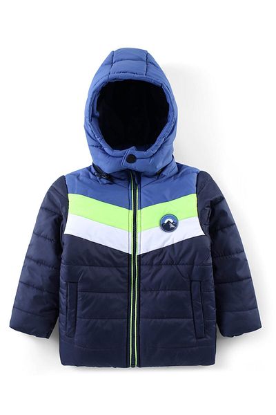 Babyhug Babyhug Woven Full Sleeves Solid Jacket with Detachable Hood & Mountain Patch - Navy Blue