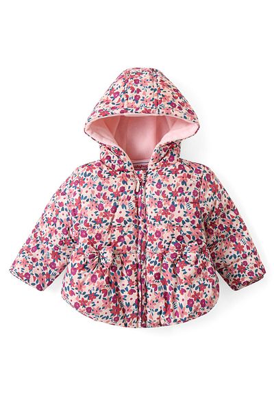 Babyhug Babyhug Woven Full Sleeves Front Open Padded Hooded Jacket with Floral Print & Bow Applique - Pink