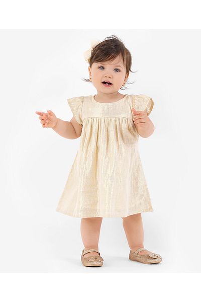 Bonfino Bonfino Short Sleeves Party Wear  Frock Solid - Golden