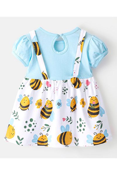 Babyhug Babyhug 100% Cotton Knit Half Sleeves Frock With Bee Print - White & Blue