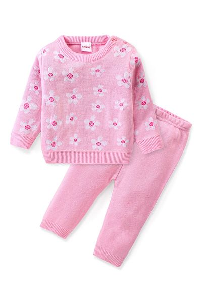 Babyhug Babyhug Knitted Full Sleeves Pullover Sweater Set with Floral Design - Pink