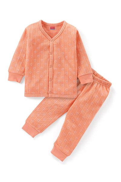 Babyhug Babyhug Thermal Full Sleeves Printed Vest & Pants Set - Peach