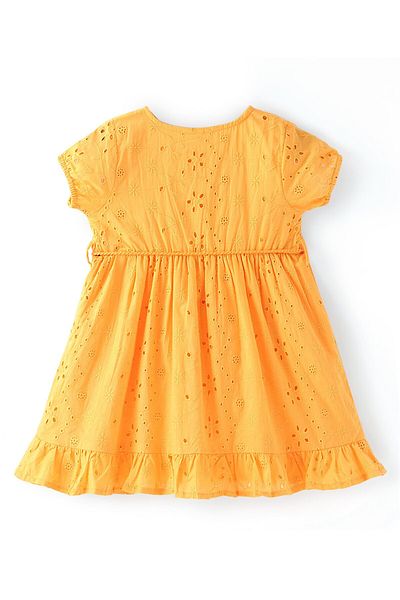 Babyhug Babyhug Cotton Woven Half Sleeves Frock with Schiffli Detailing - Yellow
