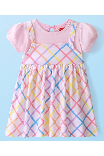Babyhug Babyhug 100% Cotton Half Sleeves Frock With Checkered Print - Pink