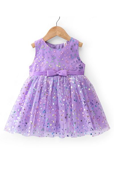 Babyhug Babyhug Sleeveless All Over Foil Printed Party Frock with Bow - Lavender