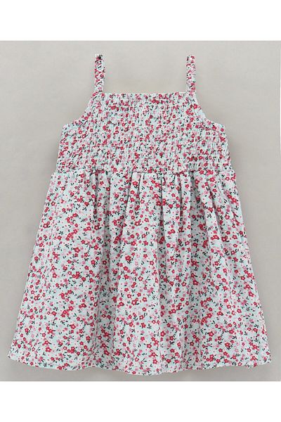Babyhug Babyhug Singlet Sleeve Rayon Twill Gathered Smocking Frock Cotton Floral Print and Bow Applique-Red