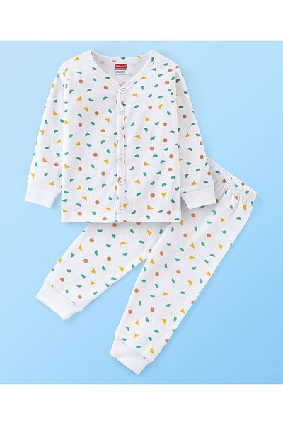Babyhug Babyhug Full Sleeves Printed Vest & Pants Thermal Wear Set - Off White