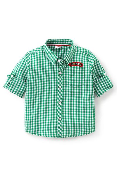 Babyhug Babyhug Full Sleeves Checekered Shirt and Denim Jeans With Text Applique - Green & Blue