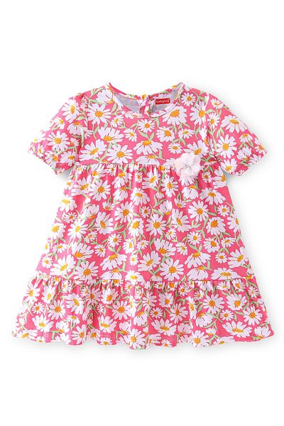 Babyhug Babyhug Cotton Knit Half Sleeves Floral Printed Frock With Floral Corsage - Pink