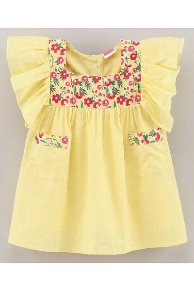 Babyhug Babyhug Half Sleeves 100% Cotton Floral Printed Frock with Lining - Yellow