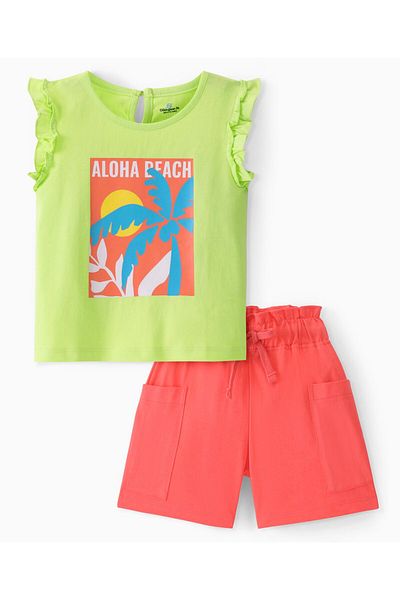 Ollington St. Ollington St. 100% Cotton Flutter Sleeves Top & Shorts With Beach Print - Green & Coral