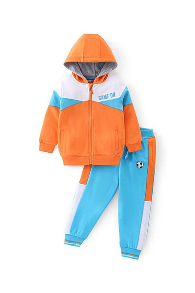 Babyhug Babyhug Terry Knit Full Sleeves Cut & Sew Colour Block Joggers Set Text Print - Orange & Blue