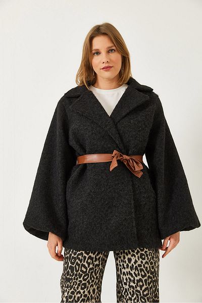 Bianco Lucci Women's Double Breasted Collar Belted Lined Stamp Jacket 60261241