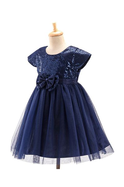 Babyhug Babyhug Cap Sleeves Sequinned Yoke Party Frock with Bow Applique -Navy Blue