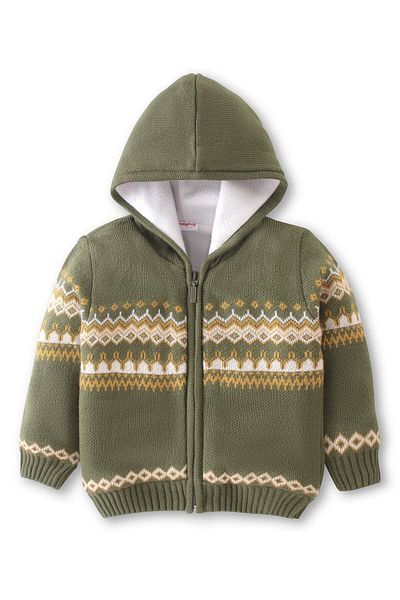 Babyhug Babyhug Acrylic Knit Full Sleeves Hooded Sweater Argyle Design - Olive Green