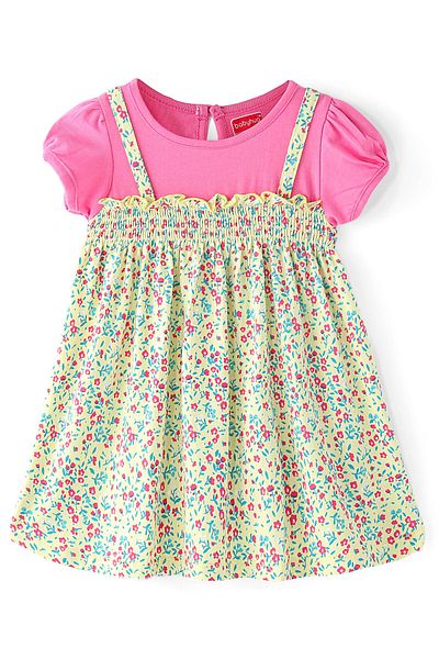Babyhug Babyhug 100% Cotton Knit Half Sleeves Frock With Floral Print - Pink & Yellow