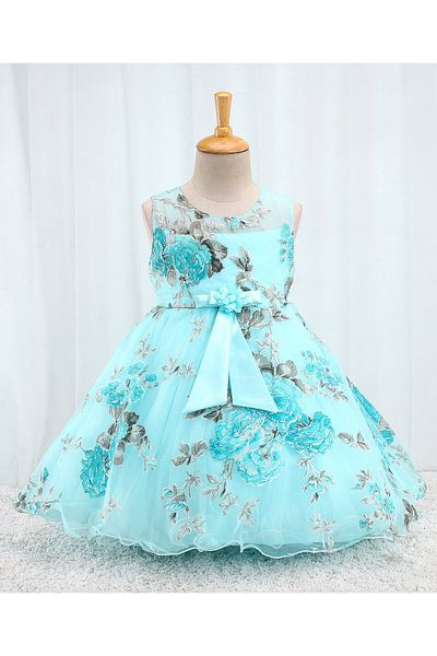 Babyhug Babyhug Sleeveless  Organza Party Frock With Floral Print & Bow Applique- Grey