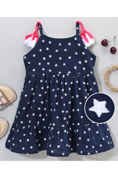 Babyhug Babyhug Sleeveless 100% Cotton Frock with Tassles Star Print - Navy Blue
