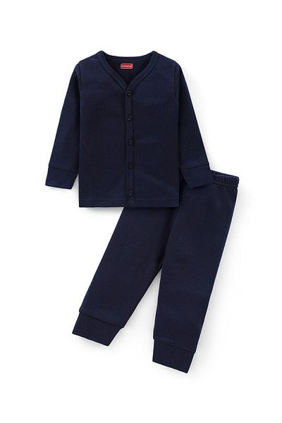 Babyhug Babyhug Full Sleeves Solid Thermal Vest & Pants Set - Navy Blue