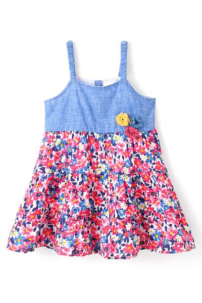 Babyhug Babyhug 100% Cotton Sleeveless Frock With Floral Corsage & Print - Blue & Red