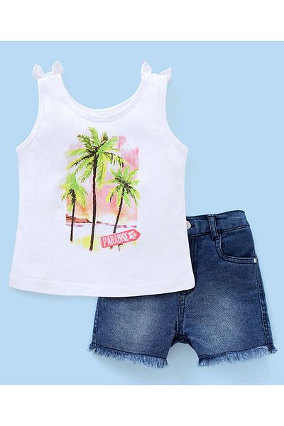 Babyhug Babyhug 100% Cotton Sleeveless Top & Shorts Set Tree Print- White & Mid Blue