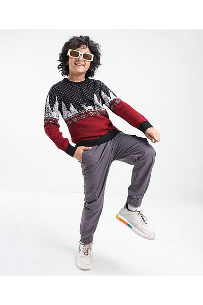 Pine kids سترة Pine Kids ذات الأكمام الكاملة والمصنوعة من مادة الأكريليك بنسبة 100% من Fair Isle - باللونين الأحمر والأسود