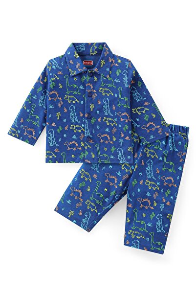 Babyhug بدلة نوم بيبي هاج قطنية محبوكة بأكمام طويلة بطبعة ديناصور - أزرق داكن