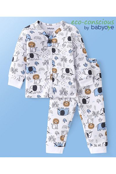 Babyoye Babyoye Thermal Cotton Modal Blend Full Sleeves Vest & Pajama Set Wild Animals Print - White
