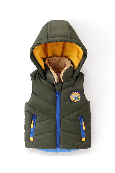 Babyhug Babyhug Sleeveless Hoodie Trip To The Mountain Badge - Olive